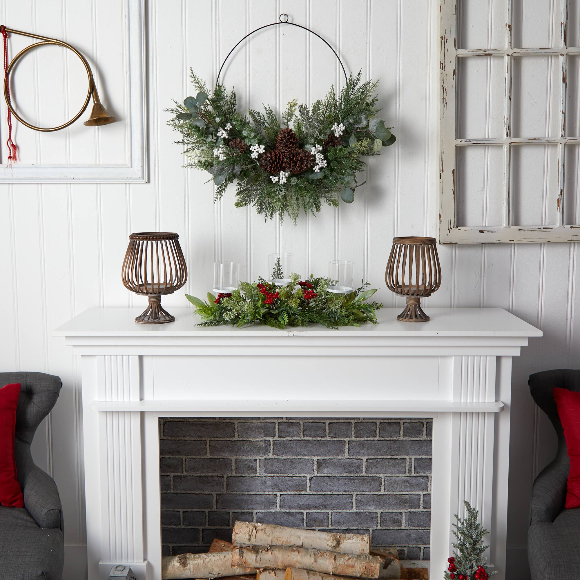 20" Winter Greenery & Berries Triple Candle Holder Christmas Table Arrangement